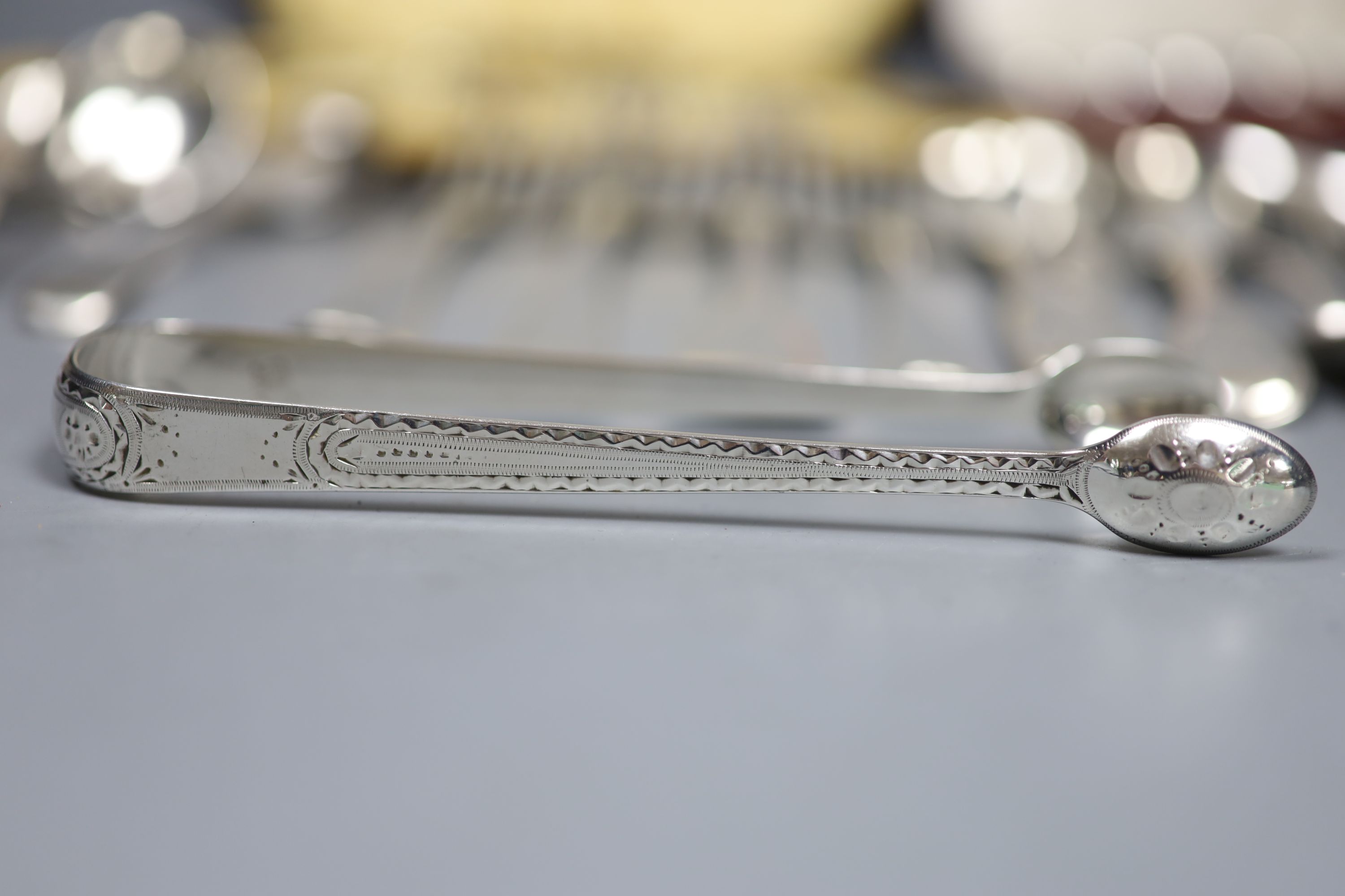 Two sets of silver coffee spoons, cased and miscellaneous Old English pattern and other silver flatware, Georgian and later.